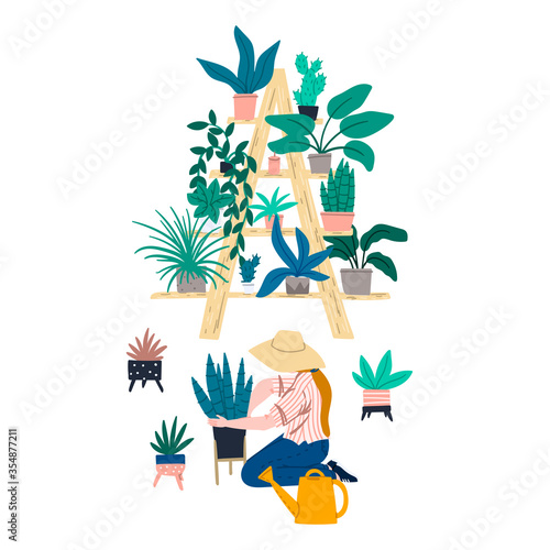 Woman is gardening at home. Urban jungle appartment decoration interior elements. Ladder shelf with plants in pots.