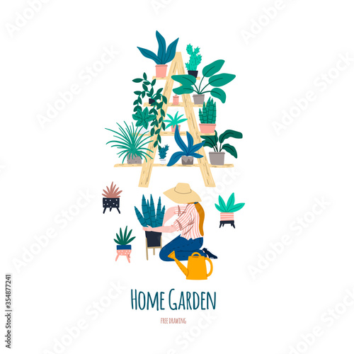 Woman is gardening at home. Urban jungle appartment decoration interior elements. Ladder shelf with plants in pots.