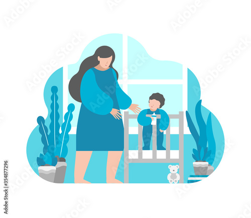 Vector flat illustration concept with simplified characters of mother and little baby. Mom goes to pick up child from bed in the morning. Happy motherhood when wife keep mental health after childbirth