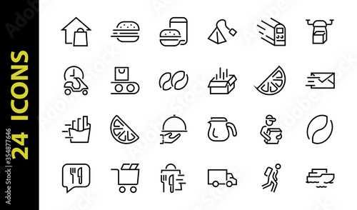 PIZZA DELIVERY, and Food Icon Set Vector thin line, contains courier, home delivery, food ordering, fast transport, drone, ship, car, editable stroke. ICONS circuits