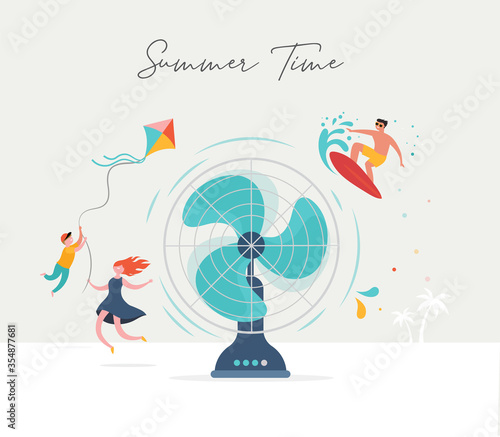 Summer scene  group of people having fun around a huge fan  surfing  swimming in the pool  drinking cold beverage  playing on the beach