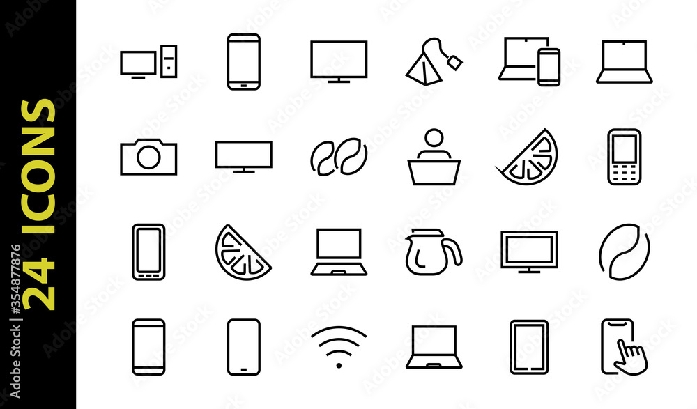 set of smart devices and gadgets, computer hardware and electronics. Electronic device icons for web and mobile vector lines. Editable stroke. 480x480 pixels set of smart devices and gadgets, computer hardware and electronics. Electronic device icons for web and mobile vector lines. Editable stroke. 480x480 pixels