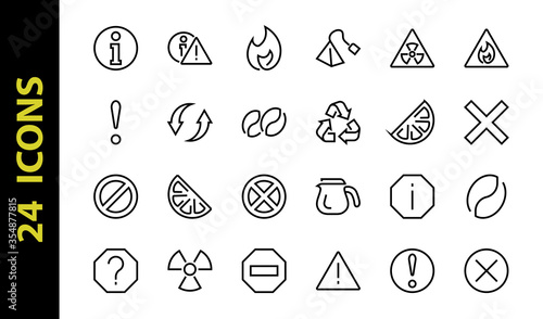 A simple set of WARNINGS, thin vector lines. Contains ICONS such as a warning, exclamation mark, reuse, warning sign, and more. Editable stroke. 48x48 Pixel Perfect. Vector illustration
