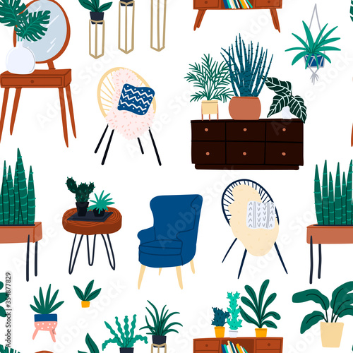 Urban jungle seamless pattern hand drawn cartoon flat style. Houseplant doodle texture fro textile. wrapping paper, fabric etc.