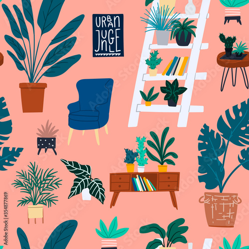 Urban jungle seamless pattern hand drawn cartoon flat style. Houseplant doodle texture fro textile. wrapping paper, fabric etc.