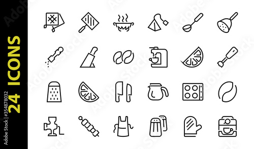 KITCHEN ICON Cooking process, Kitchen tools, Icon set, thin line vector has a blender, oven, knife, grater, barbecue, apron, barbecue, grill, coffee machine, kitchen glove, Editable stroke