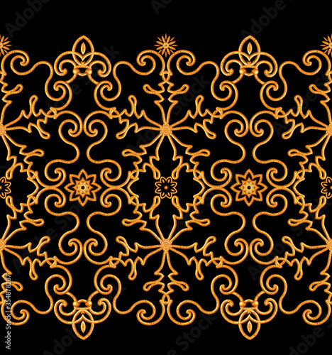 Seamless pattern. Golden textured curls. Oriental style arabesques. Brilliant lace, stylized flowers. Openwork weaving delicate, golden background, 3D rendering.