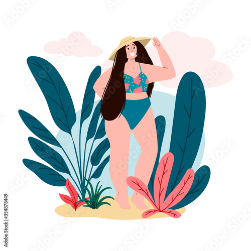 Woman on summer vacation. Body positive, self acceptance and self love flat cartoon hand drawn poster, banner or flyer. Happy girl near palm trees.