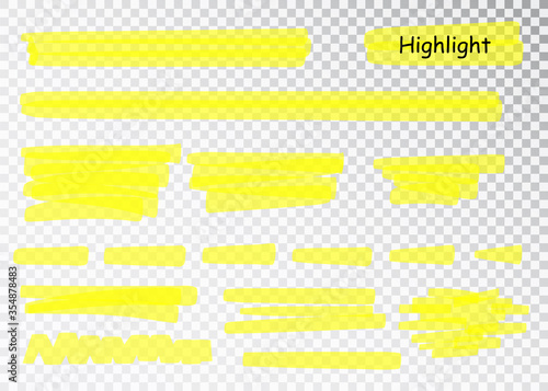 Yellow Highlighter Marker Strokes. Vector brush pen underline lines. Yellow watercolor hand drawn highlight set.