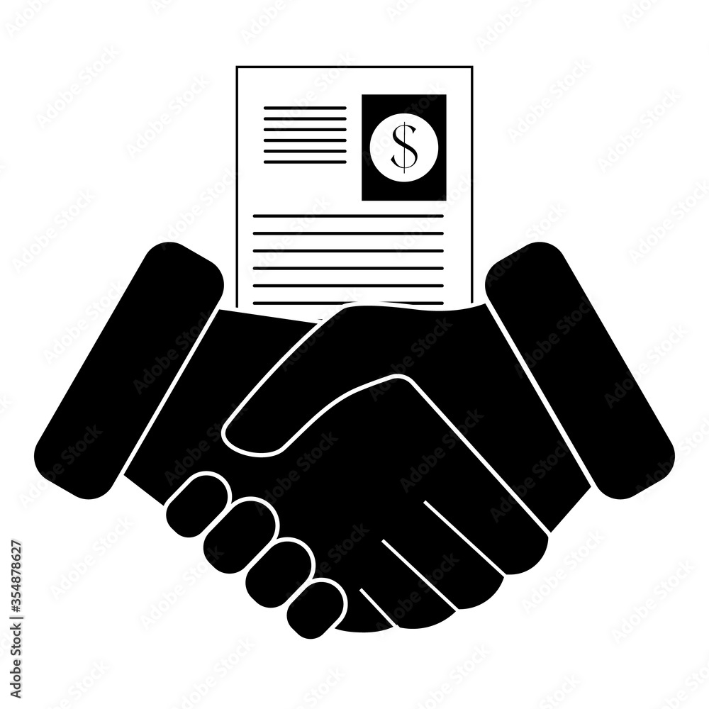 Fototapeta premium Business contract icon. Handshake, partners, paper document with dollar sign. Business concept partnership, trust and collaboration. Vector illustration. 