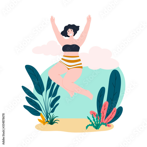 Happy woman jumps on tropical island summer vacation. Body positive and self acceptance concept illustration. Hand drawn cartoon flat style.