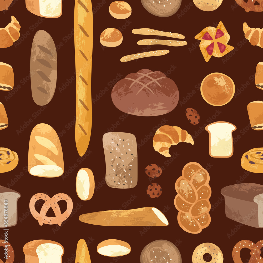 Seamless pattern with different breads and homemade baked products: croissant, baguette, toast, pretzel. Bakery goods background for cooking book, restaurant menu, posters, prints, wrapping paper Seamless pattern with different breads and homemade baked products: croissant, baguette, toast, pretzel. Bakery goods background for cooking book, restaurant menu, posters, prints, wrapping paper