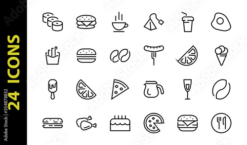 A simple set of fast food icons related to the vector line. Contains icons such as pizza, burger, sushi, bike, scrambled eggs and more. EDITABLE stroke. 480x480 pixels perfect, EPS 10