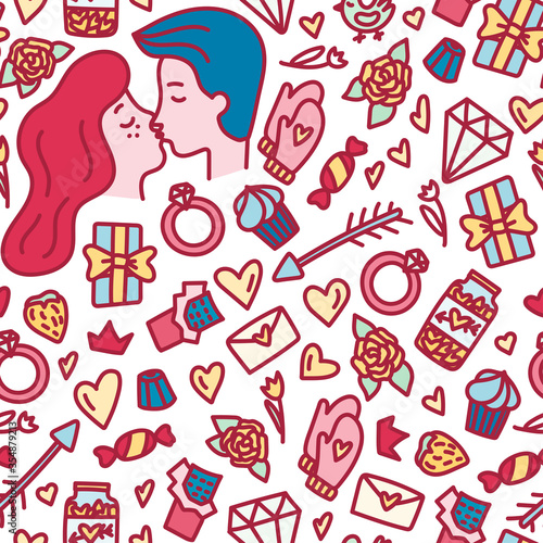 Valentine's Day seamless doodle style pattern. Hand drawn love concept.
