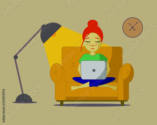An illustrtion of a red haired girl sitting on a couch with a laptop. Student or freelancer.