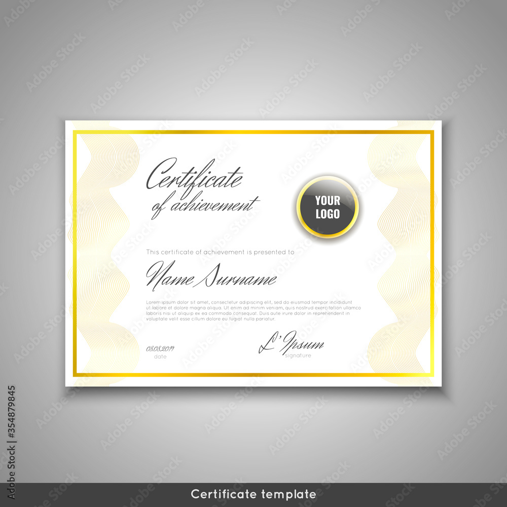 Obraz premium Certificate of achievement - appreciation, completion, graduation, diploma or award with gold waves background. Template design with watermark, gold guilloche