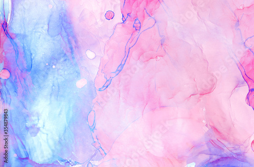 Light blue, pink and purple alcohol ink abstract background. Flow liquid watercolor paint splash texture effect illustration for card design, modern banners, ethereal graphic design