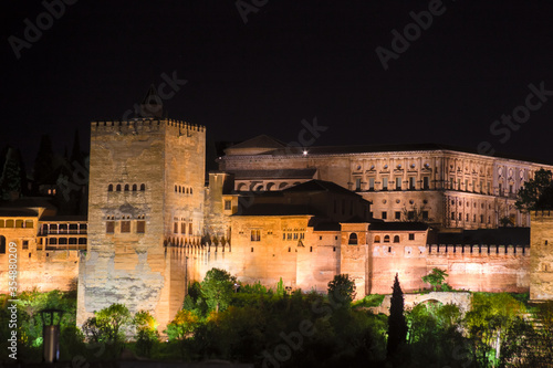 Panoramic night view of the Alhambra in the city of Granada  Spain.