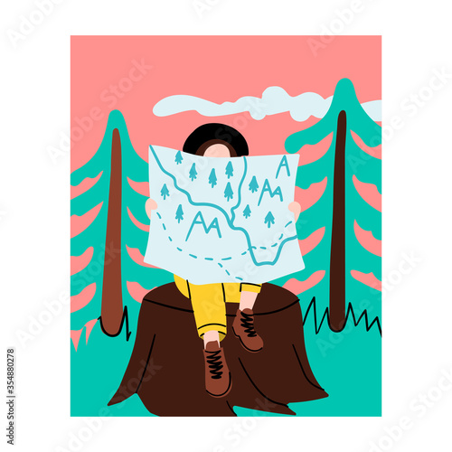 Girl explore the map in the wood sitting on the stump. Mountain or forest hiking.