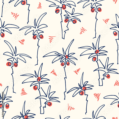 Cute Doodle Hand Drawn Palms Hawaiian Beach Shirt Vector Seamless Pattern. Retro Surf and Beach Tropical Vacation Print for Fashion, Textile. Funky Playful Eighties Style Summer Background.