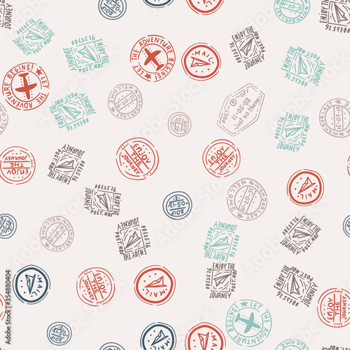 Passport or post stamps and visa signs seamless pattern. Retro design background