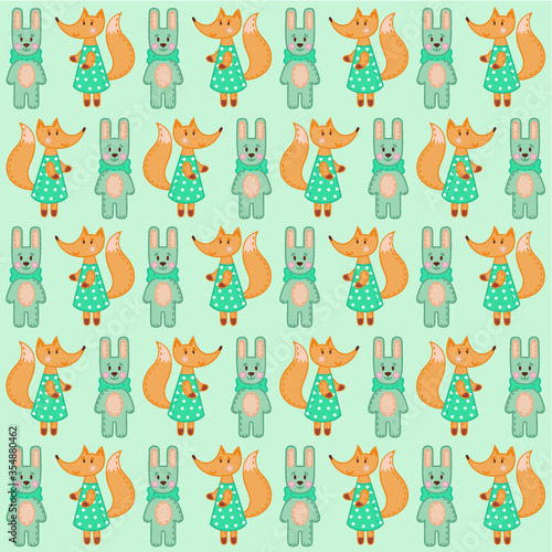 Vector seamless children's pattern with hand drawn bunny and fox. Pattern is suitable for wrapping paper, wallpaper, textile, decorating cards, invitations and scrapbook.