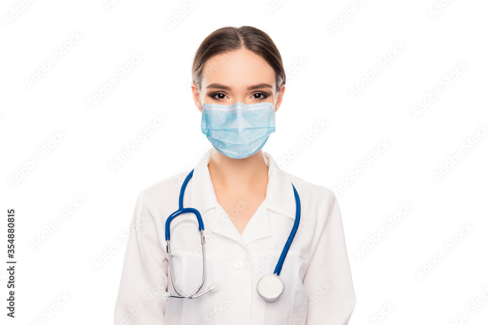 Close-up portrait of her she attractive pretty girl doc medic intern wearing gauze mask infection influenza patient therapy stop against cov isolated over light white bright color background Close-up portrait of her she attractive pretty girl doc medic intern wearing gauze mask infection influenza patient therapy stop against cov isolated over light white bright color background