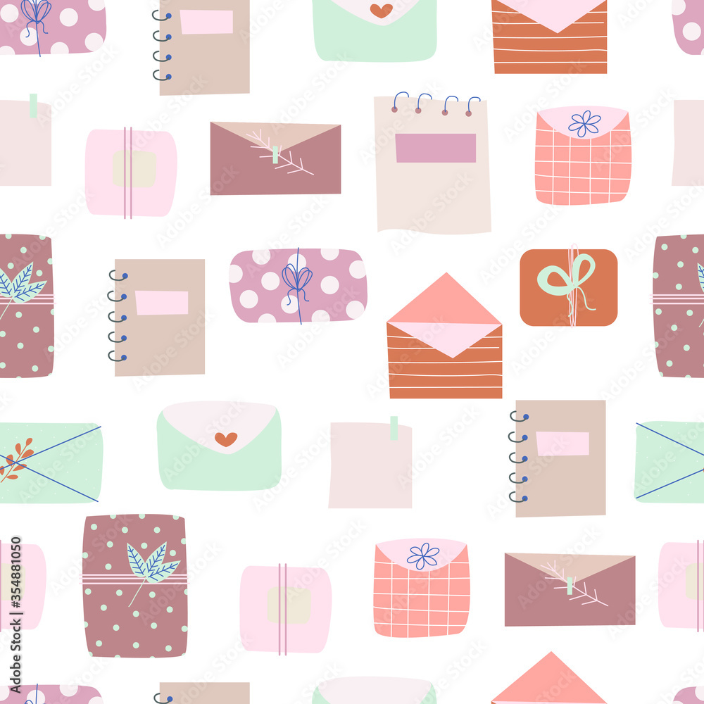 Different gifts and presents. Kraft paper, envelopes, ribbons, branches, and other decorative elements. Flat design. Hand drawn trendy vector seamless pattern.