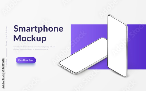 Two white realistic isometric smartphones mockup. 3d mobile phones with blank white screen. Modern cell phones template on gradient background. Illustration of device 3d screen