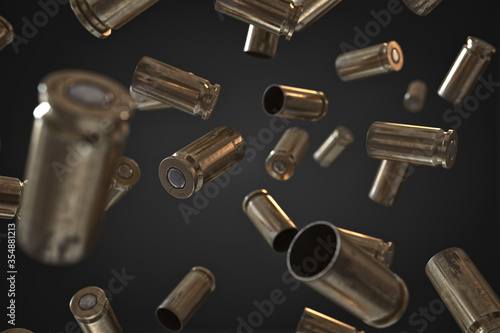 Fotografiet Photorealistic 3D illustration of Flying bullet shells on a studio background
