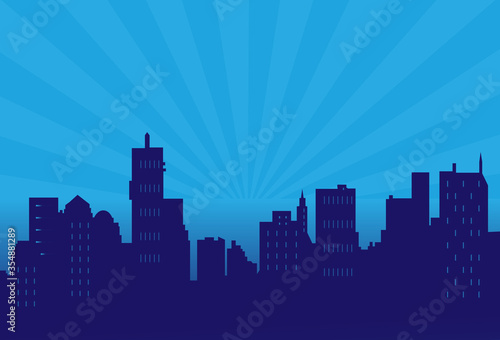 Pop art Sunrise over the modern black silhouette city. Comics book design background. Vector illustration retro style.