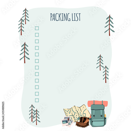 Packing list for trip or travel planner. Mountains and forest vacation. Hand drawn illustration