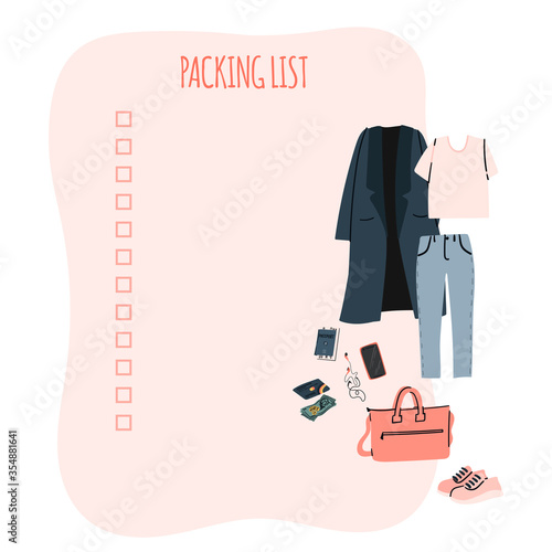 Packing list template for travel, tourism and vacations with hand drawn woman clothes. Cartoon flat illustration