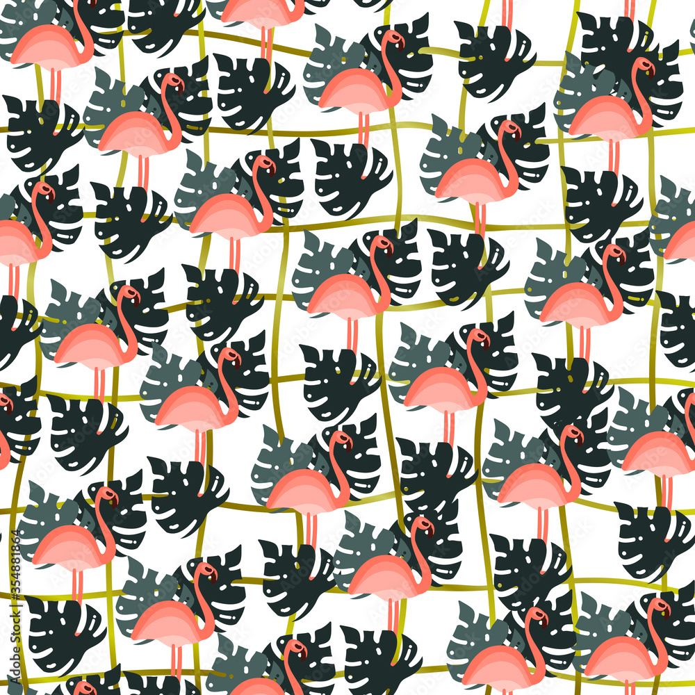 Tropical jungle seamless pattern - palm tree leaves and flamingo. Hand drawn flat style summer background
