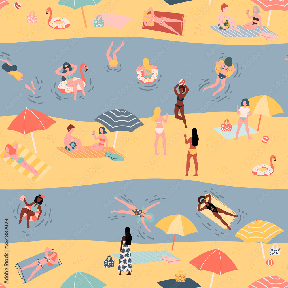 Summer seamless pattern with people on the beach. Hand drawn doodle style background