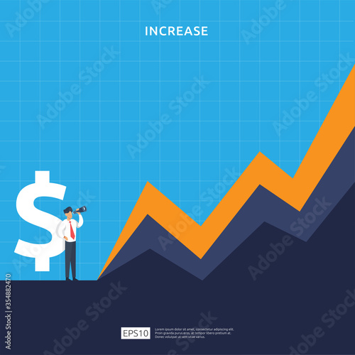 Finance performance concept. business profit increase with growth up arrow and people character. income salary rate grow margin revenue with dollar symbol. return on investment ROI vector illustration