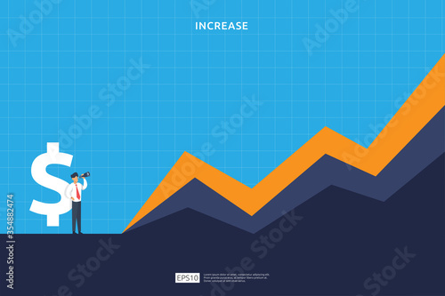 Finance performance concept. business profit increase with growth up arrow and people character. income salary rate grow margin revenue with dollar symbol. return on investment ROI vector illustration