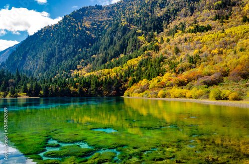 Beautiful multi-color pond at famous Jiuzhaigou National park in autumn  the world heritage site near Chengdu Chinal.