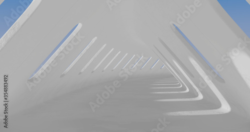 3d rendering. Concrete construction. A long corridor with holes on the sides into which light breaks through. Interior illustration