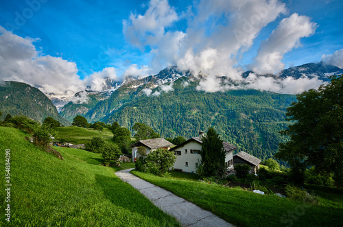 Landscape panorama of mountain village Soglio, canton of the Grisons, Switzerland