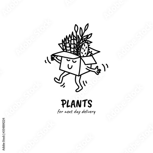 Cute funny box character delivers plants. Hand drawn doodle style illustration.