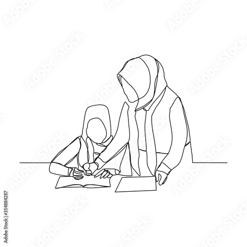 Continuous line drawing of two muslim business women read and discussing job paper. Vector illustrarion