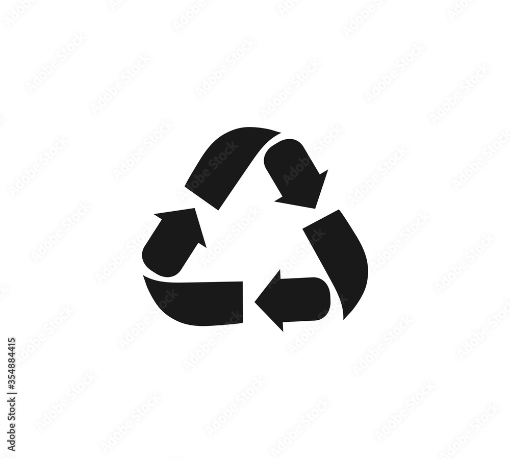 Obraz premium Black recycle symbol. Three black arrows circulate. Management of waste materials that are garbage and pass through the transformation process, especially the melting process. Re-create new materials.