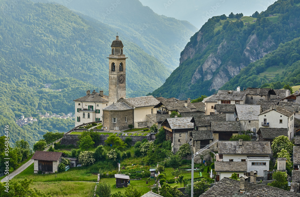 Landscape panorama of mountain village Soglio, canton of the Grisons, Switzerland