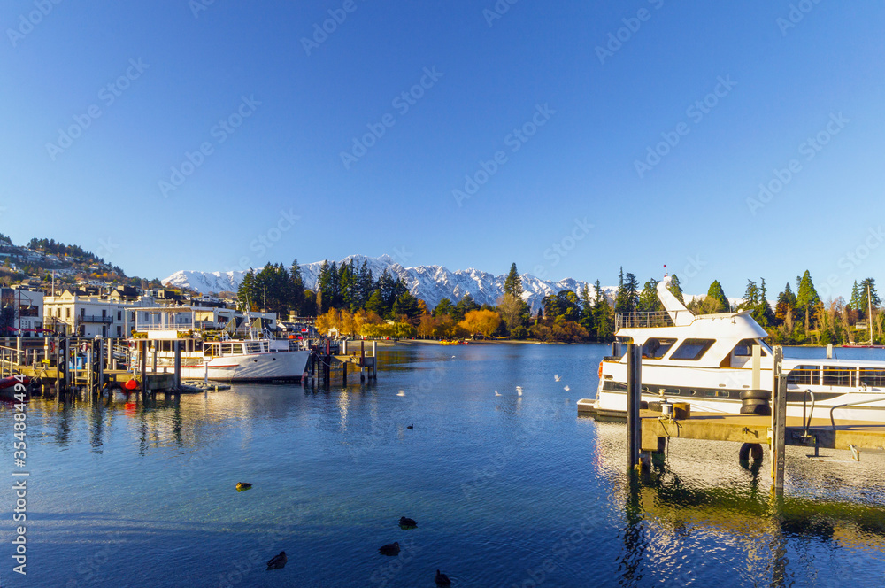 Queenstown Boat Marina and Harbour, Landscape Scenery of Lake Wakatipu Queenstown New Zealand; South Island