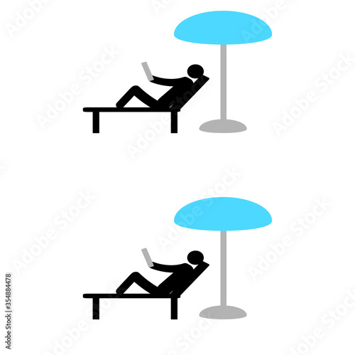 Social distance while relaxing on the beach, at the sea, in sanatoria. Be safe. Stick man 
 keeps a distance, prevention of covid-19 coronavirus.