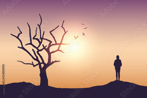 Fototapeta Naklejka Na Ścianę i Meble -  big tree and lonely girl in summer on a sunny day vector illustration EPS10