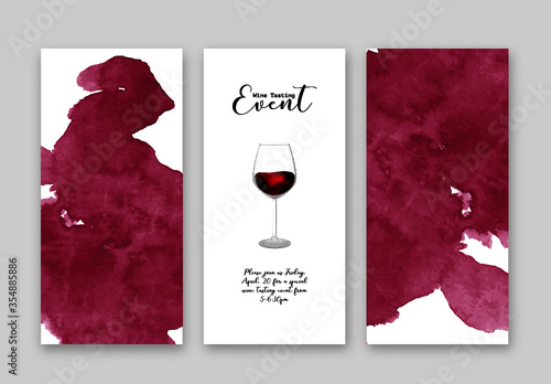 Wine tasting event flyers template, set, vector illustration. Hand-drawn watercolour texture, glass with wine, calligraphic lettering, invitation graphic design.