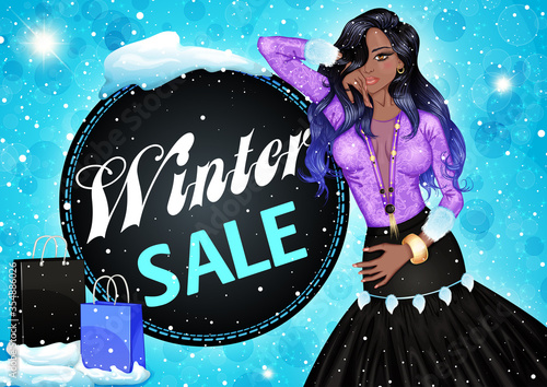 Glamour vector illustration of a fashion african american woman and shopping bags on a winter background. Winter sale banner template. Design for Christmas sale, shopping, retail, discount poster