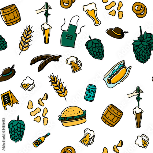 Craft beer and snacks hand drawn doodle style seamless pattern. Cartoon background for wallpaper, fabric, apparel etc.